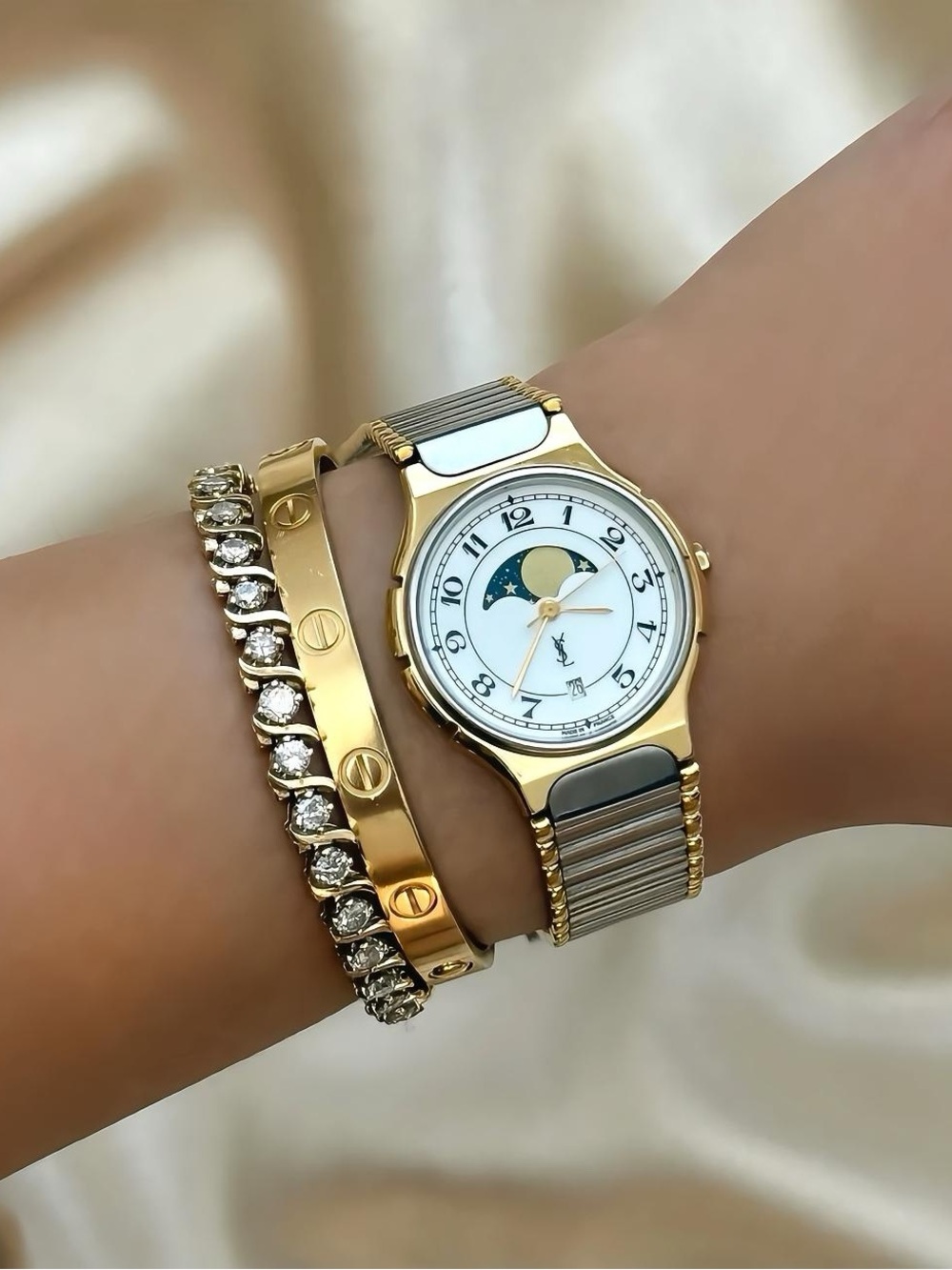 AUTHENTIC RARE VINTAGE YVES SAINT LAURENT MOONPHASE TWO-TONED WATCH